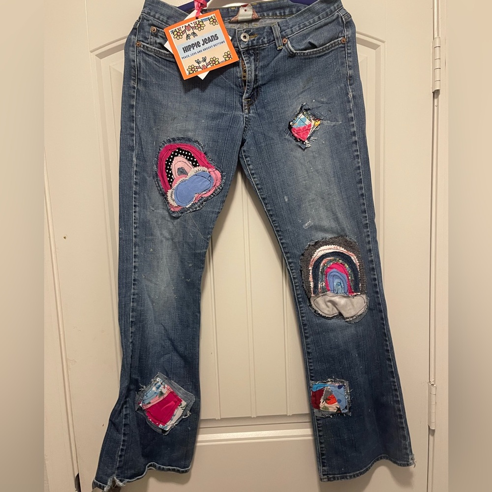 Blue and Pink Flare Jeans with Colorful Patches
